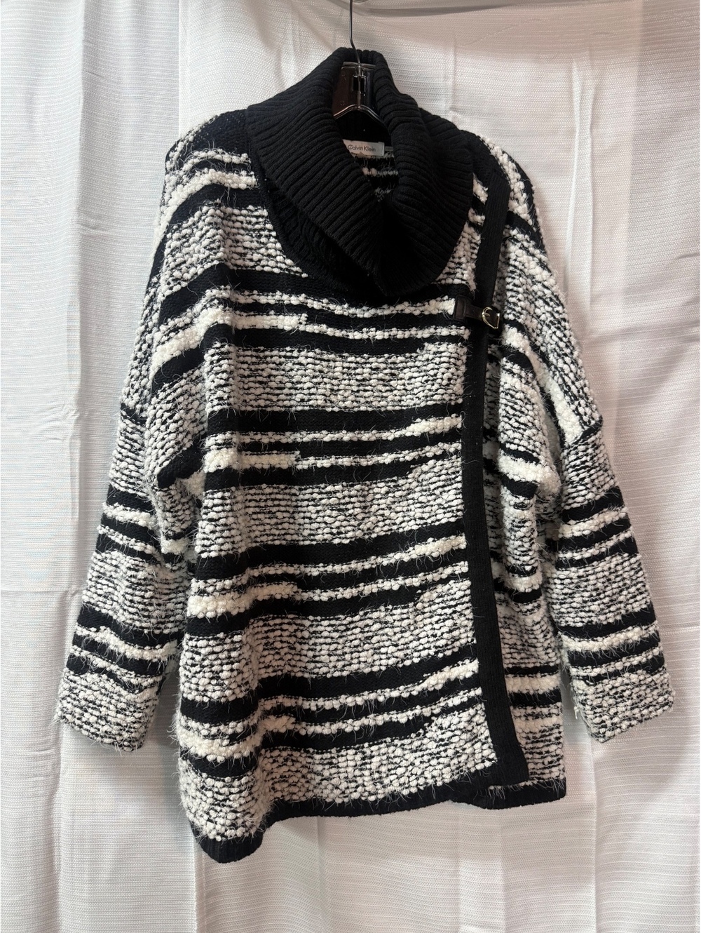 Calvin Klein L/XL Black and White Striped Knit Sweater with Shawl Collar